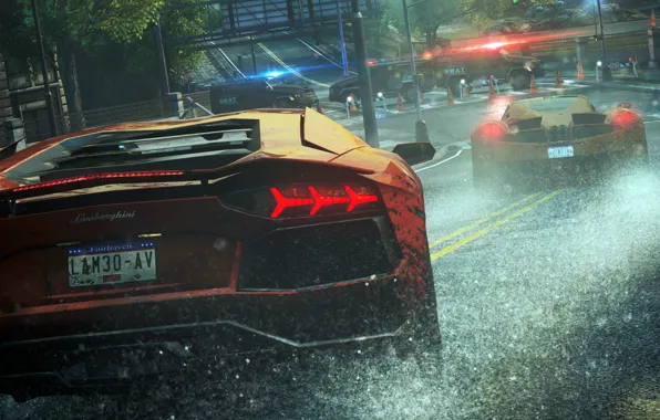 Картинка дождь, гонка, полиция, Lamborghini, тачки, Need For Speed Most Wanted, cars