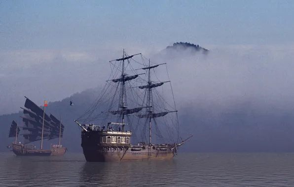 Море, туман, парусник, утро, джонка