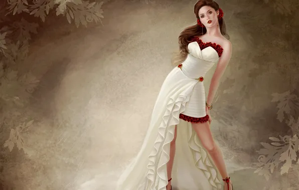 Картинка девушка, поза, фон, узор, платье, арт, туфли, красные