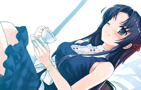 Девушка, улыбка, чай, art, подмигивает, deep blue sky &amp; pure white wings, koga sayoko
