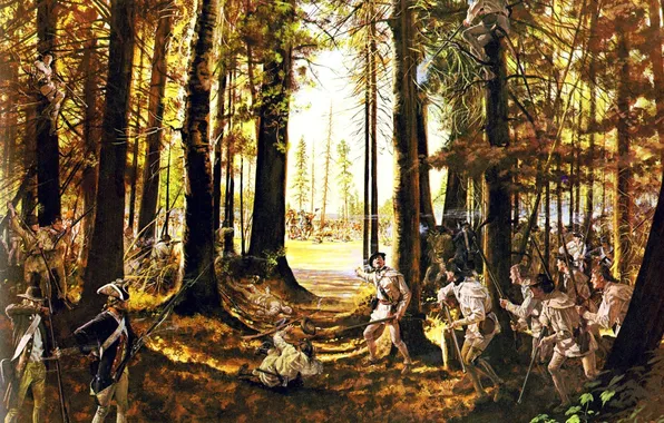 Картинка лес, оружие, масло, картина, солдаты, экипировка, холст, война за независимость США 1775-1783 г.г.