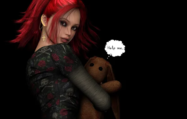 Картинка девушка, темный фон, игрушка, серьги, пирсинг, красные волосы