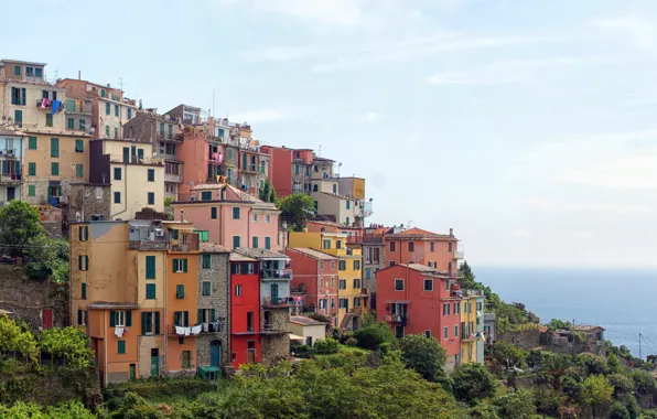Море, небо, побережье, дома, склон, горизонт, Италия, Corniglia