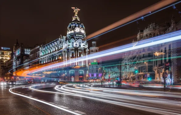 Дорога, ночь, город, здания, выдержка, Испания, Madrid, Мадрид