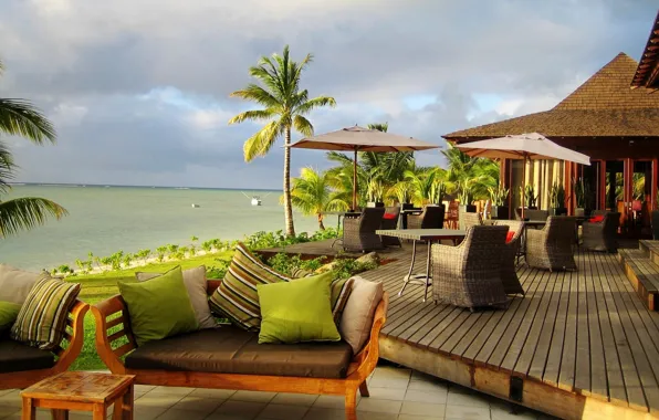 Пальмы, океан, отель, терраса, resort, Mauritius