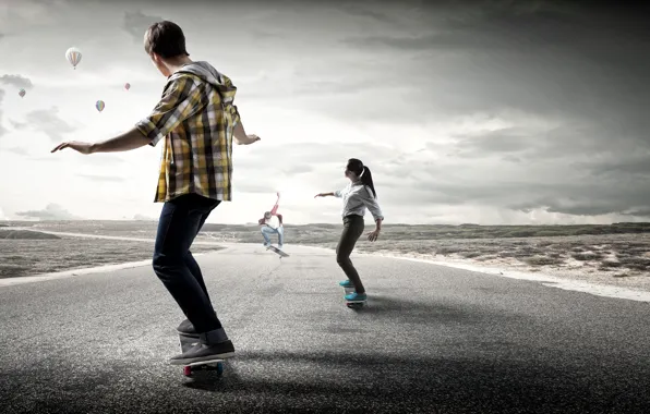 Дорога, девушка, рубашка, парень, roads, men, скейтборд, skateboard