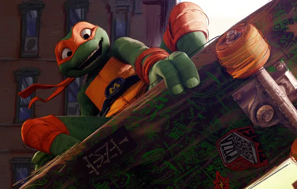 Michelangelo, turtle, скейТборд, черепашки нинзя, Teenage Mutant Ninja Turtles Mutant Mayhem