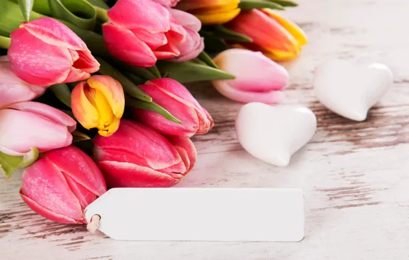 Картинка цветы, букет, тюльпаны, love, wood, romantic, hearts, tulips