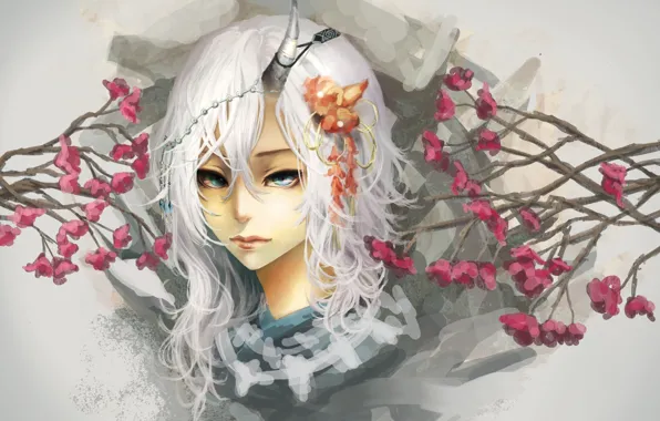 Взгляд, девушка, ветвь, art, рог, akaikitsune