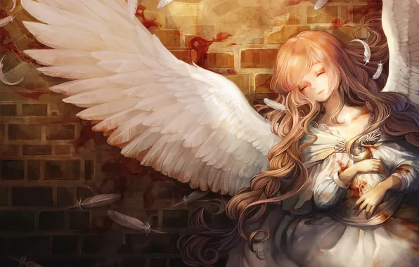 Картинка девушка, кровь, крылья, ангел, аниме, перья, арт, aka tonbo