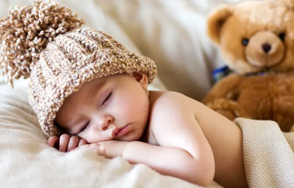 Картинка сон, мишка, ребёнок, шапочка, младенец, мягкая игрушка