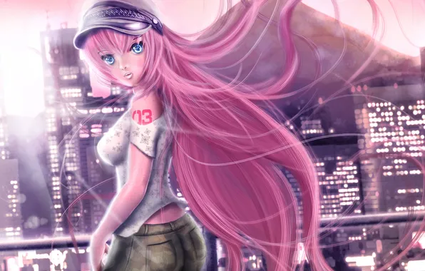 Взгляд, девушка, город, огни, татуировка, шляпка, Vocaloid, Megurine Luka