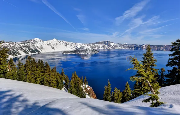 Картинка зима, снег, деревья, горы, озеро, Орегон, Oregon, Crater Lake