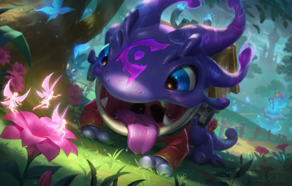 Поляна, фэнтези, дракончик, феи, League of Legends, Zoe, Riot Games, David Villegas