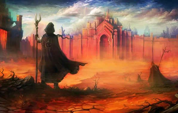 City, fantasy, walls, people, castle, artwork, fantasy art, staff