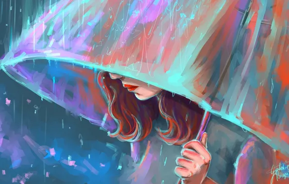 Дождь, рыжие волосы, rain, red hair, яркий макияж, bright makeup, девушка под зонтом, girl under …