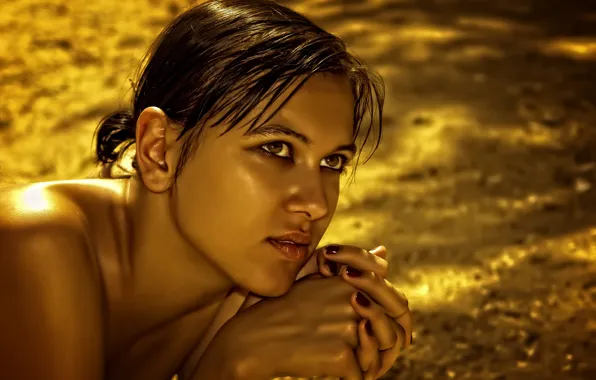 Girl, gold, Olga, yellow, beauty, look, glance, Kide Fotoart