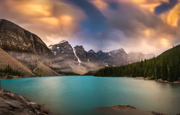 Картинка лес, облака, горы, озеро, Канада
