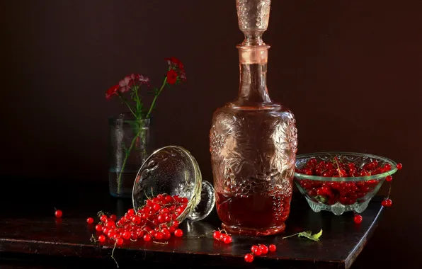 Стекло, цветы, ягоды, стол, вино, сок, банка, напиток