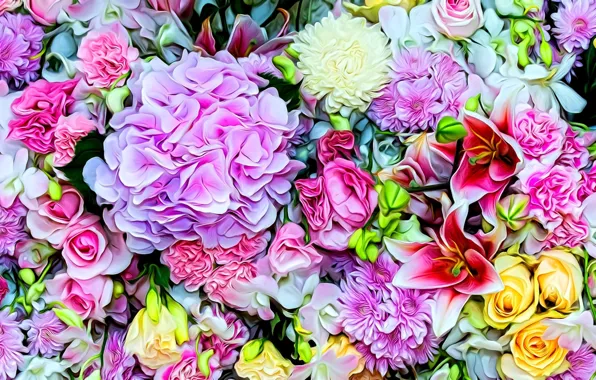 Яркие краски, цветы, рендеринг, розы, лепестки, тюльпаны, картинка, гвоздика