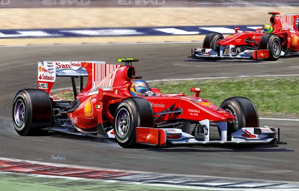 Картинка рисунок, команда, гонки, Ferrari, пилот, болид, Fernando Alonso, Фелипе Масса