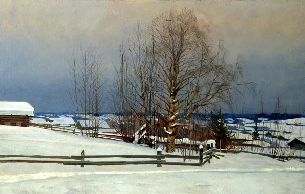 Картинка небо, снег, деревья, пейзаж, картина, ограда, живопись, изба