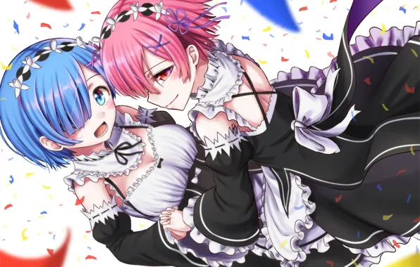 Девушки, конфети, anime, art, сёстры, ram, rem, re zero kara hajimeru isekai seikatsu