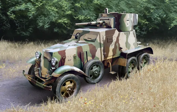 Рисунок, арт, БА-10, советский средний бронеавтомобиль