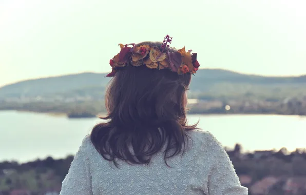 Листья, девушка, спина, венок