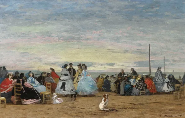 Люди, отдых, стулья, собака, картина, жанровая, Эжен Буден, Eugene Boudin