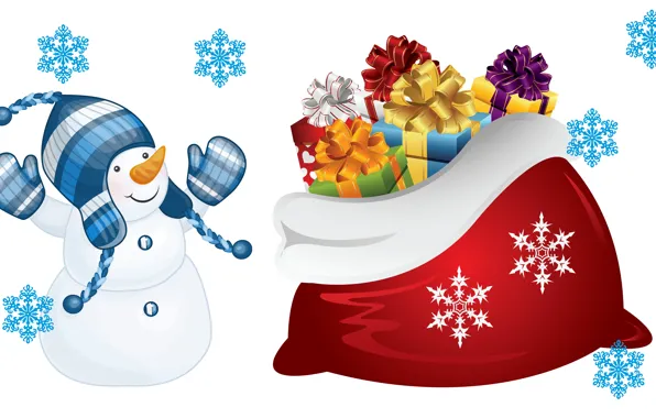 Радость, настроение, праздник, арт, подарки, Новый год, снеговик, мешок