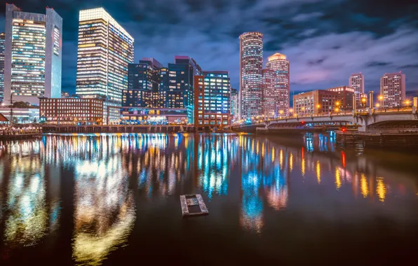 Картинка мост, здания, дома, канал, ночной город, небоскрёбы, Бостон, Boston
