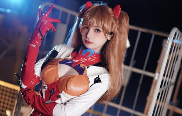 Cleavage, Asian, Asuka Langley Soryu, women, redhead, cosplay, standing, looking at viewer