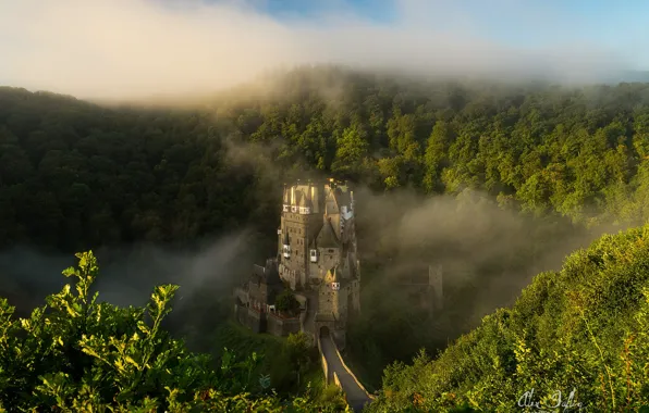 Картинка туман, Германия, Eltz Castle, лесистые холмы