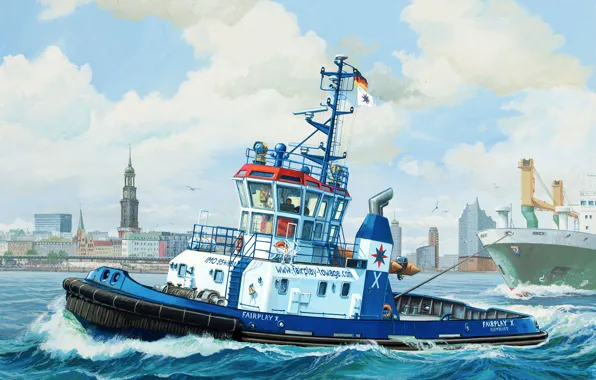 Картинка art, painting, ship, boat, Harbour Tug Boat &ampquot;Fairplay&ampquot;