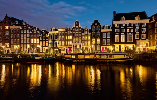 Картинка небо, огни, река, дома, вечер, Амстердам, фонари, канал