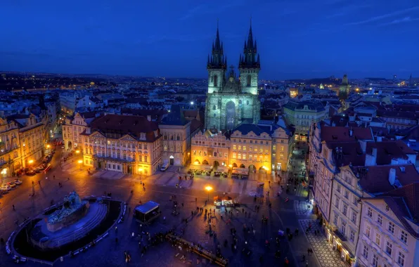 Картинка свет, город, люди, здания, дороги, вечер, крыши, Прага