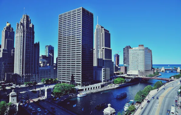 Картинка река, движение, улица, небоскребы, америка, чикаго, Chicago, вид сверху