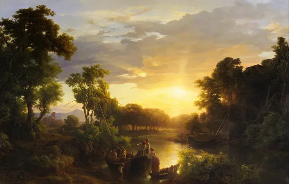 Картинка деревья, пейзаж, картина, рыбаки, Marko Karoly, italian Landscapes at Sunset Fishermen