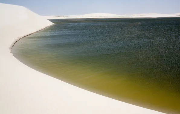 Картинка песок, вода, озеро, минимализм, дюны