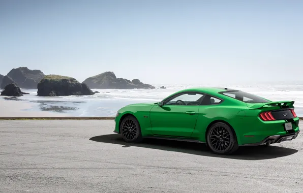 Картинка побережье, Ford, вид сзади, Fastback, 2018, Mustang GT