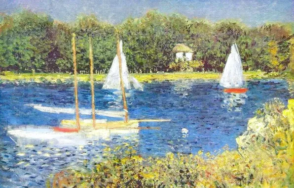 Картинка пейзаж, река, лодка, картина, парус, Клод Моне, Сена в Аржантёе