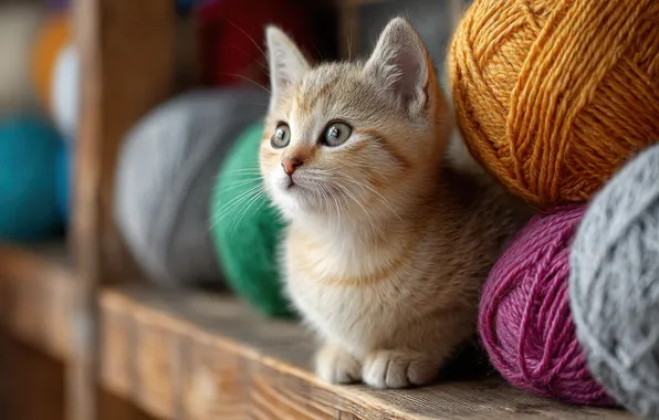 Кошка, взгляд, поза, котенок, малыш, рыжий, полка, нитки
