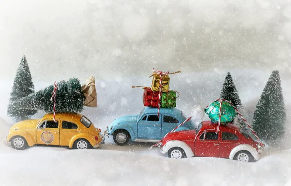 Картинка снег, игрушки, Рождество, подарки, Новый год, конфета, машинки, модельки