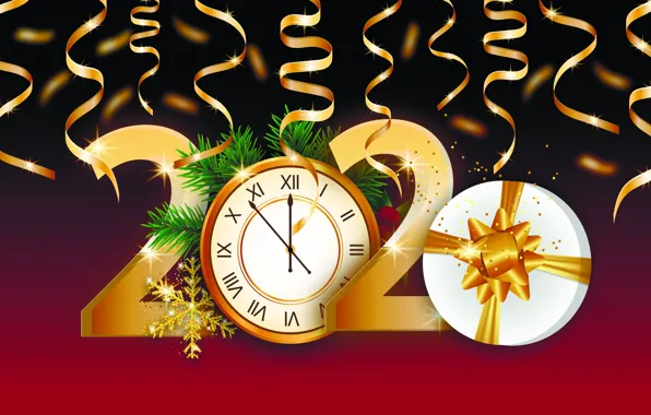 Картинка фото, Часы, Снежинки, Новый год, Подарки, 2020, Векторная графика