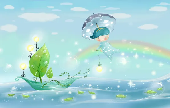 Картинка море, небо, листья, вода, свет, природа, пузыри, дождь