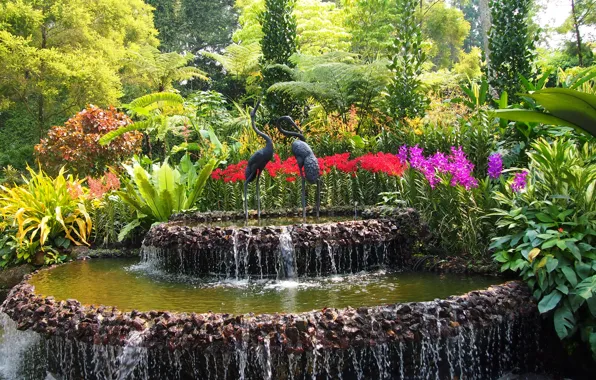 Картинка деревья, цветы, птицы, сад, Сингапур, фонтан, кусты, скульптуры