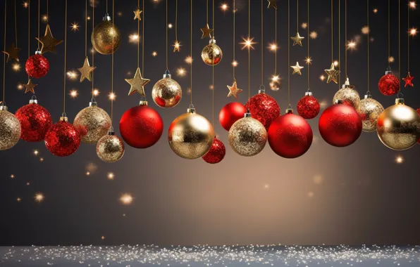 Звезды, украшения, шары, Новый Год, Рождество, red, golden, new year