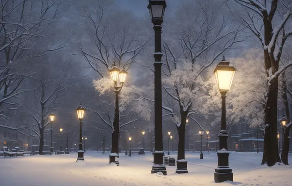 Зима, снег, ночь, парк, улица, фонари, аллея, night