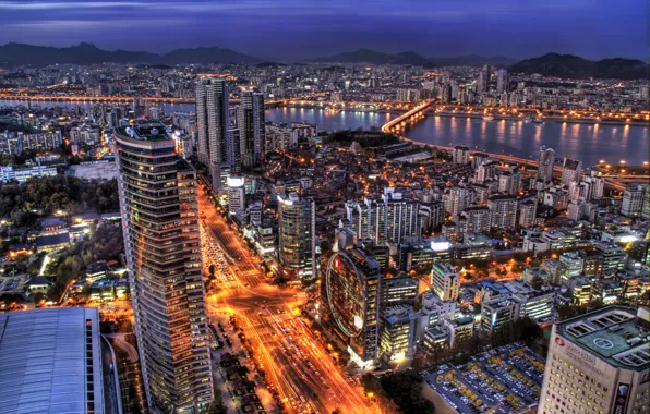 Картинка небо, огни, небоскребы, вечер, подсветка, синее, South Korea, Сеул